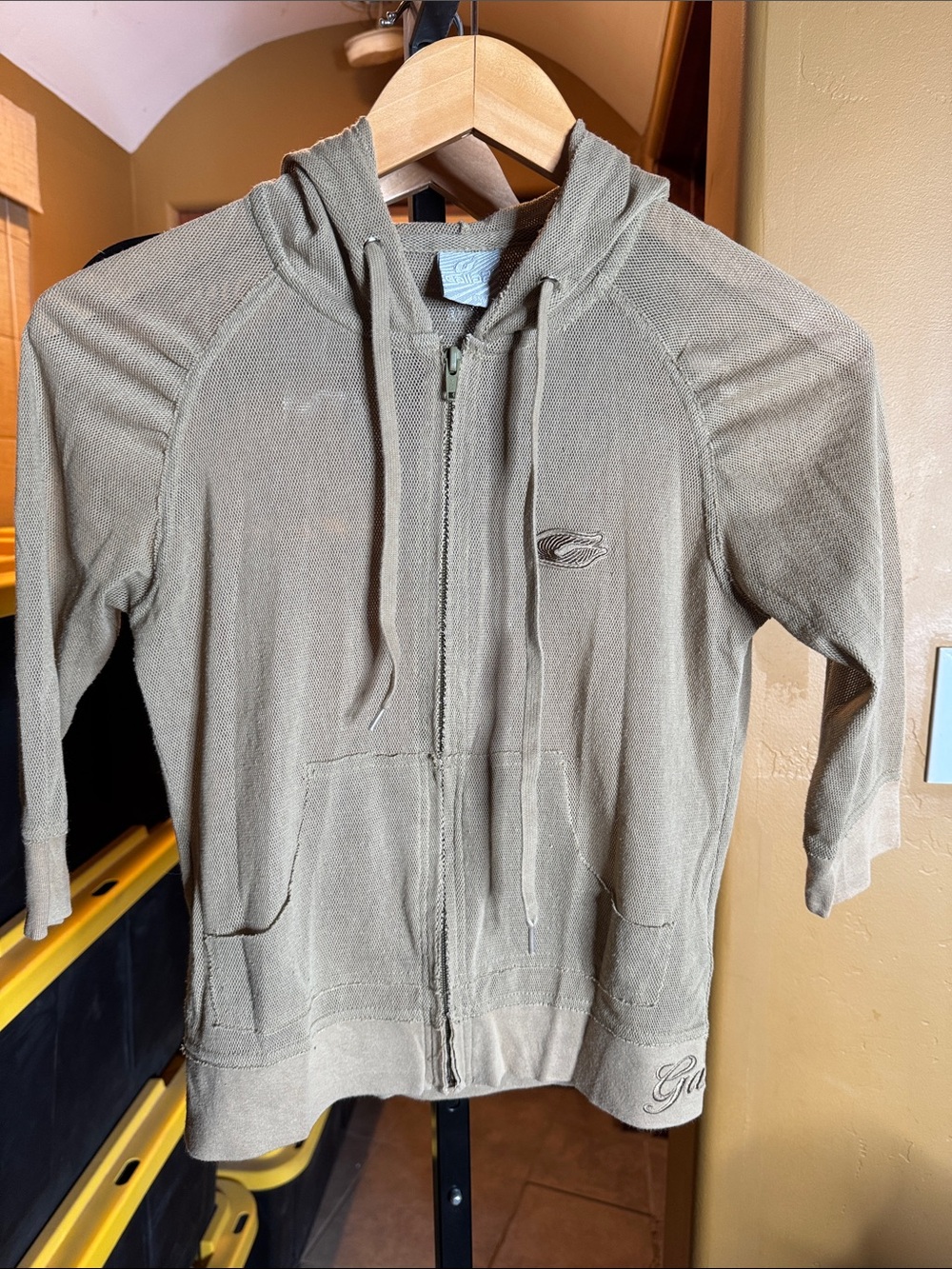 Vintage Gallaz Taupe Mesh Zip Front Hoodie Jacket Small Lightweight 3/4 Sleeve - Picture 4 of 13